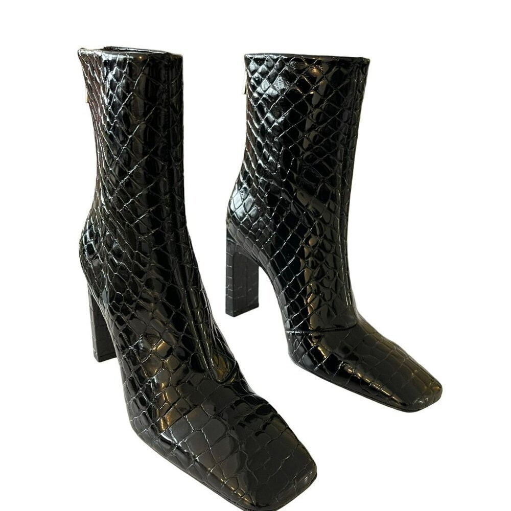 Good American Square Toe Booties Croc Embossed Black Size 8 NWB